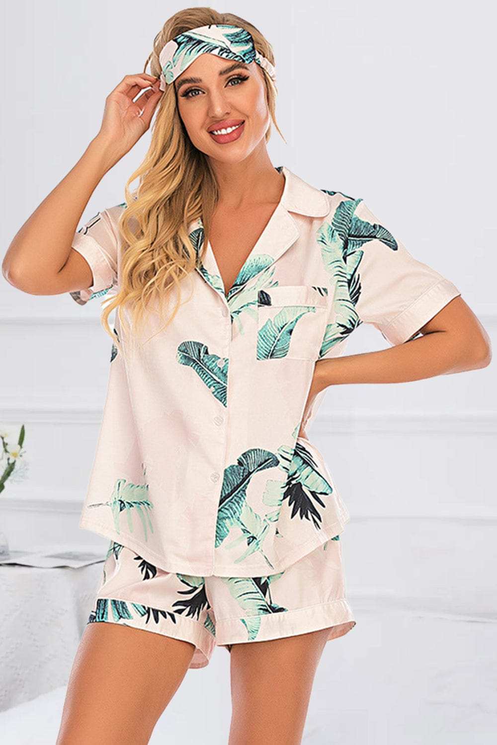 Printed Button Up Short Sleeve Top and Shorts Lounge Set - Trendsi - Flyclothing LLC