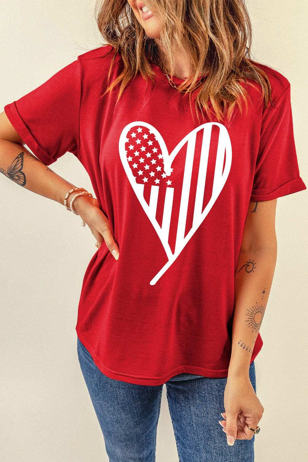 Heart Round Neck Short Sleeve T-Shirt - Trendsi - Flyclothing LLC