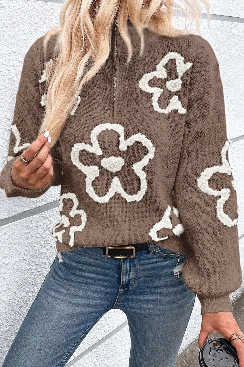 Flower Half Zip Dropped Shoulder Sweater - Trendsi - Flyclothing LLC