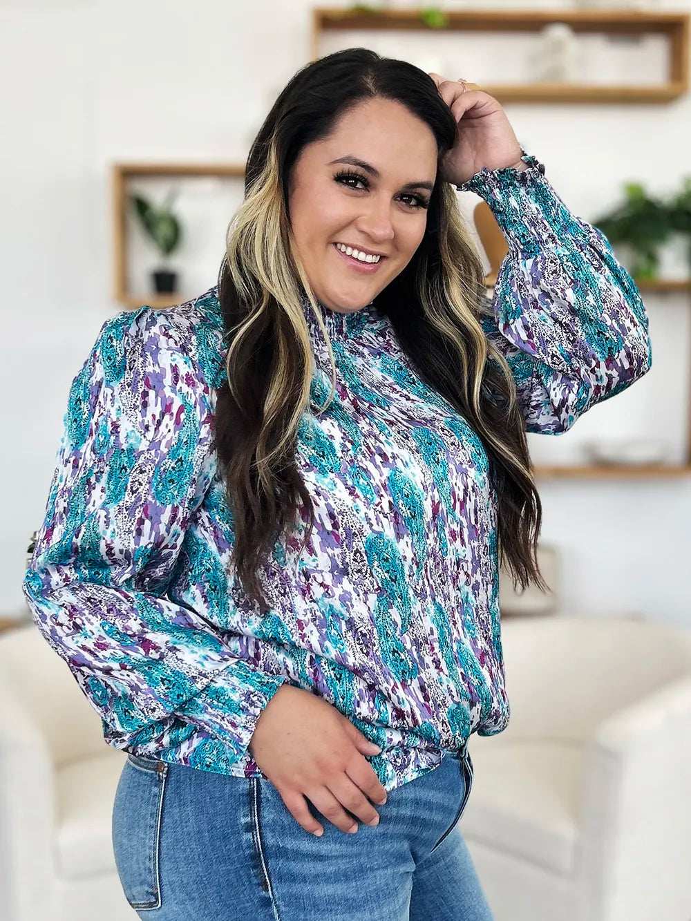 Double Take Full Size Printed Smocked Long Sleeve Blouse - Trendsi - Flyclothing LLC