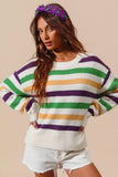 SO ME Mardi Gras Color Stripe Round Neck Sweater Top - Trendsi - Flyclothing LLC