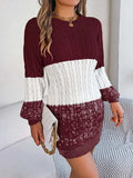 Cable-Knit Round Neck Color Block Sweater Dress - Trendsi - Flyclothing LLC