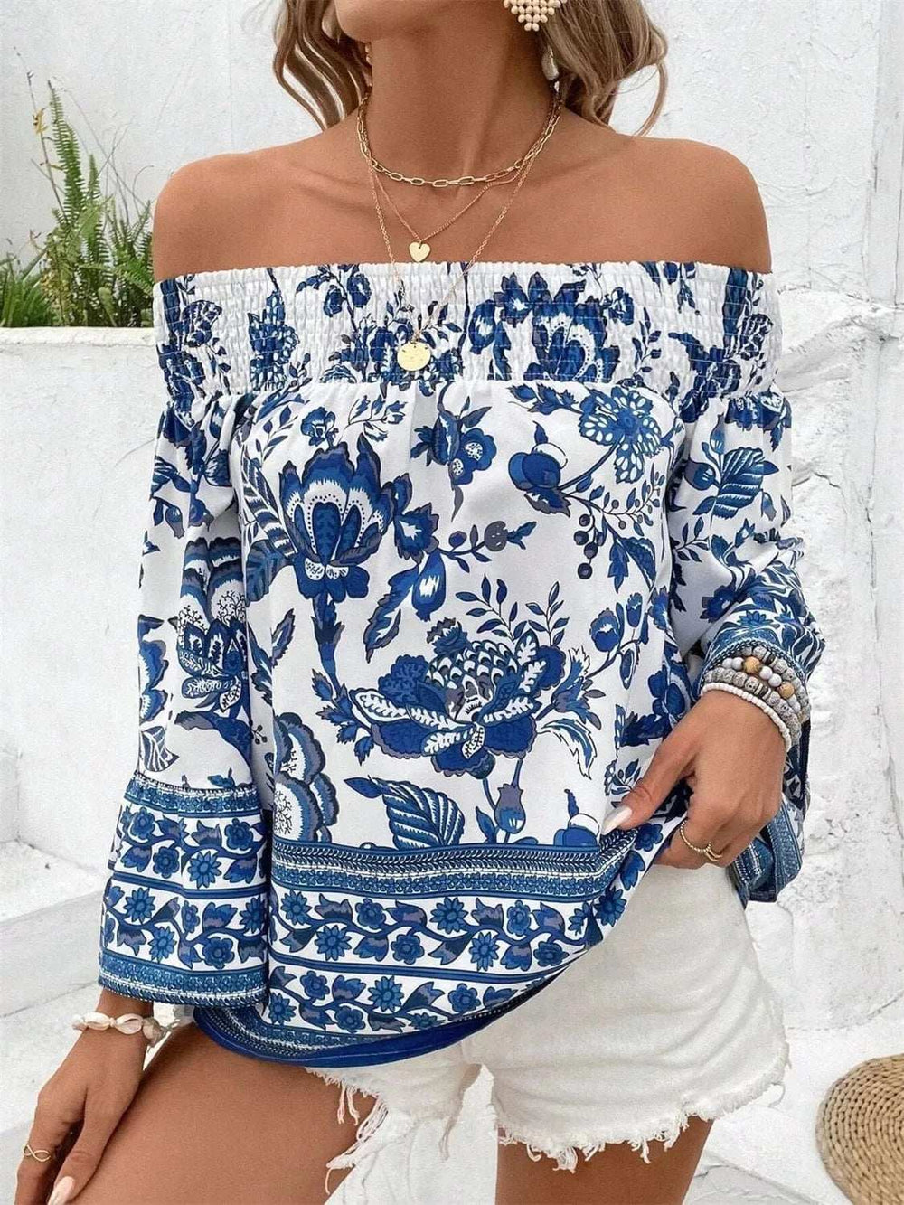 Smocked Printed Off-Shoulder Blouse - Trendsi - Flyclothing LLC