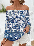 Smocked Printed Off-Shoulder Blouse - Trendsi - Flyclothing LLC