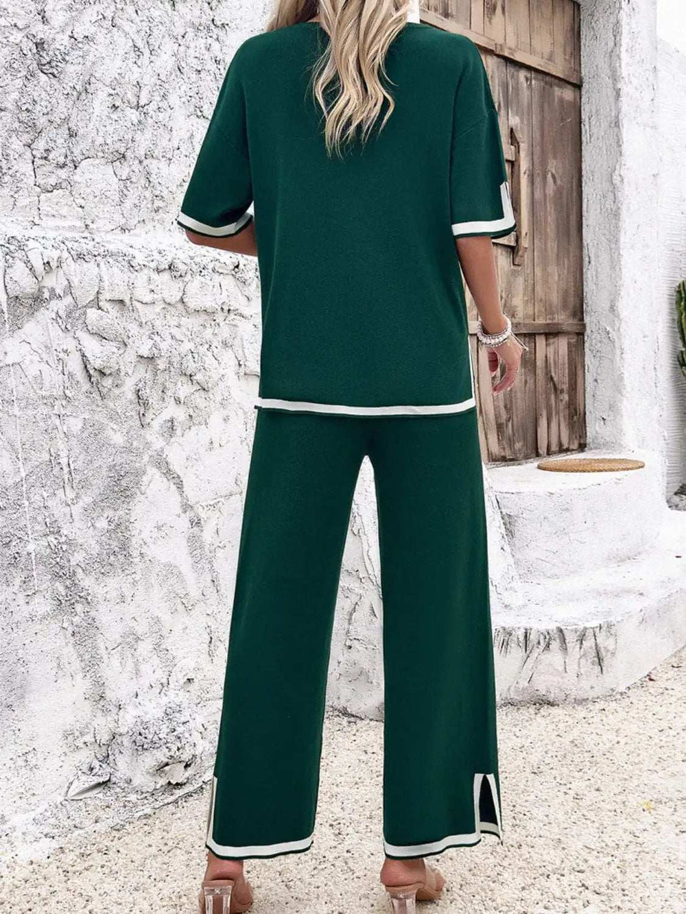 Contrast Trim Round Neck Top and Pants Set - Trendsi - Flyclothing LLC
