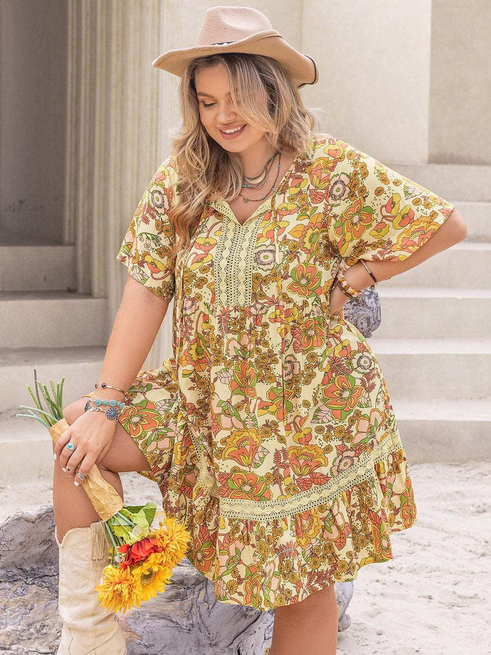 Plus Size Printed Tie Neck Short Sleeve Mini Dress - Trendsi - Flyclothing LLC