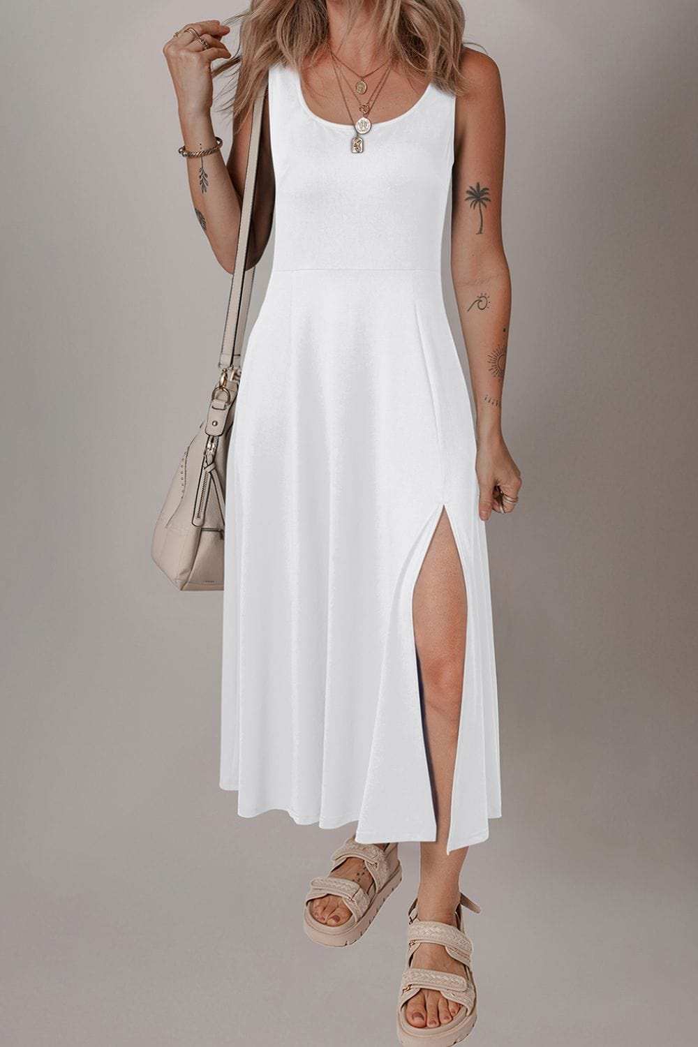 Side Slit Scoop Neck Wide Strap Dress - Trendsi - Flyclothing LLC