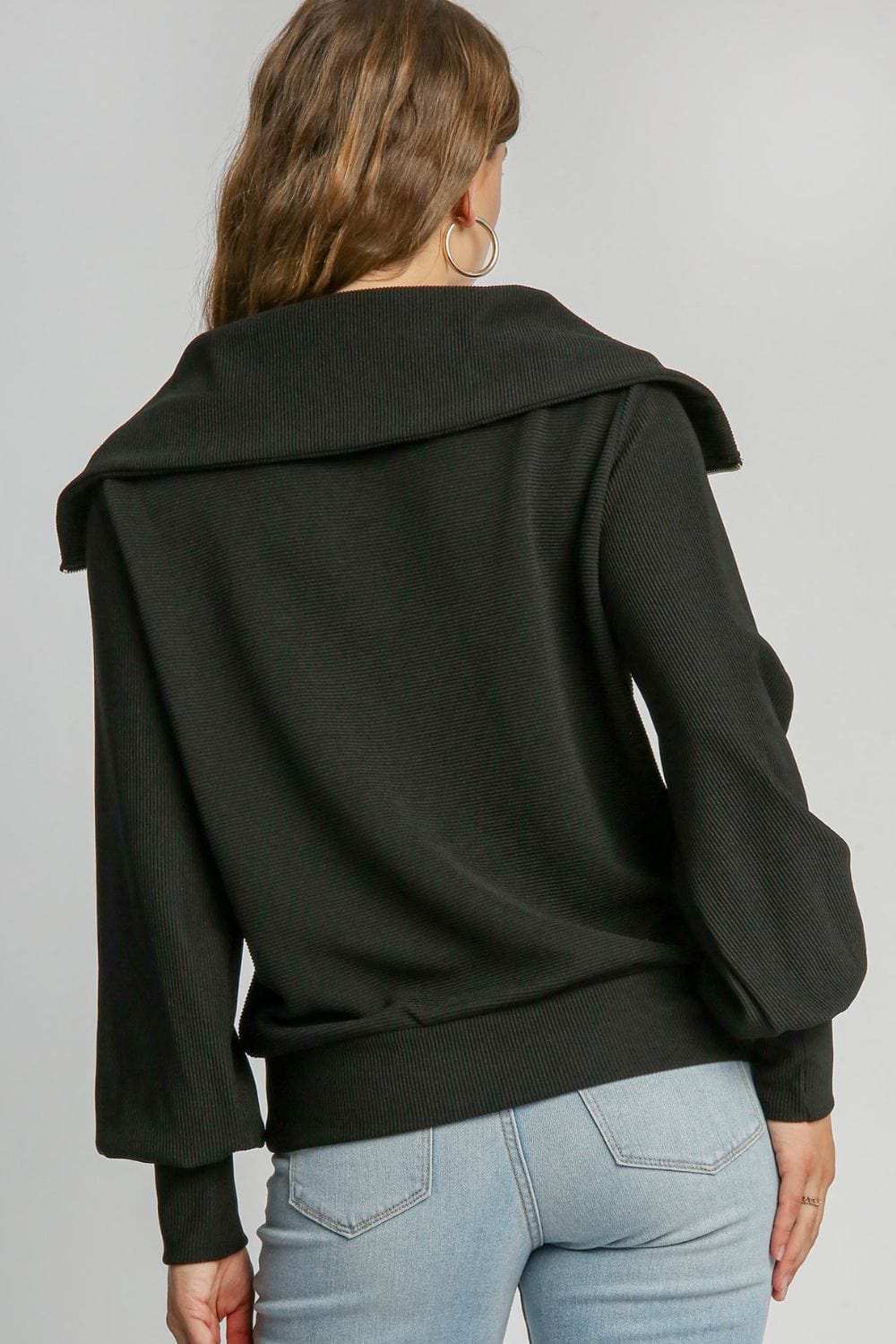 Umgee Full Size Ribbed Knit Half Zipper Sweatshirt Plus Size - Trendsi - Flyclothing LLC