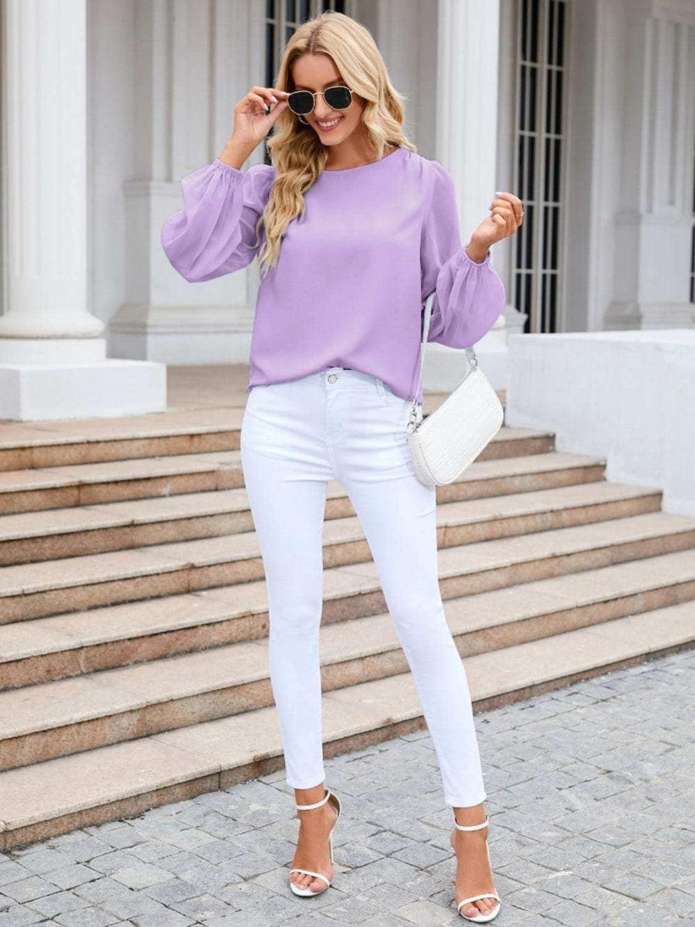 Round Neck Balloon Sleeve Blouse - Trendsi - Flyclothing LLC