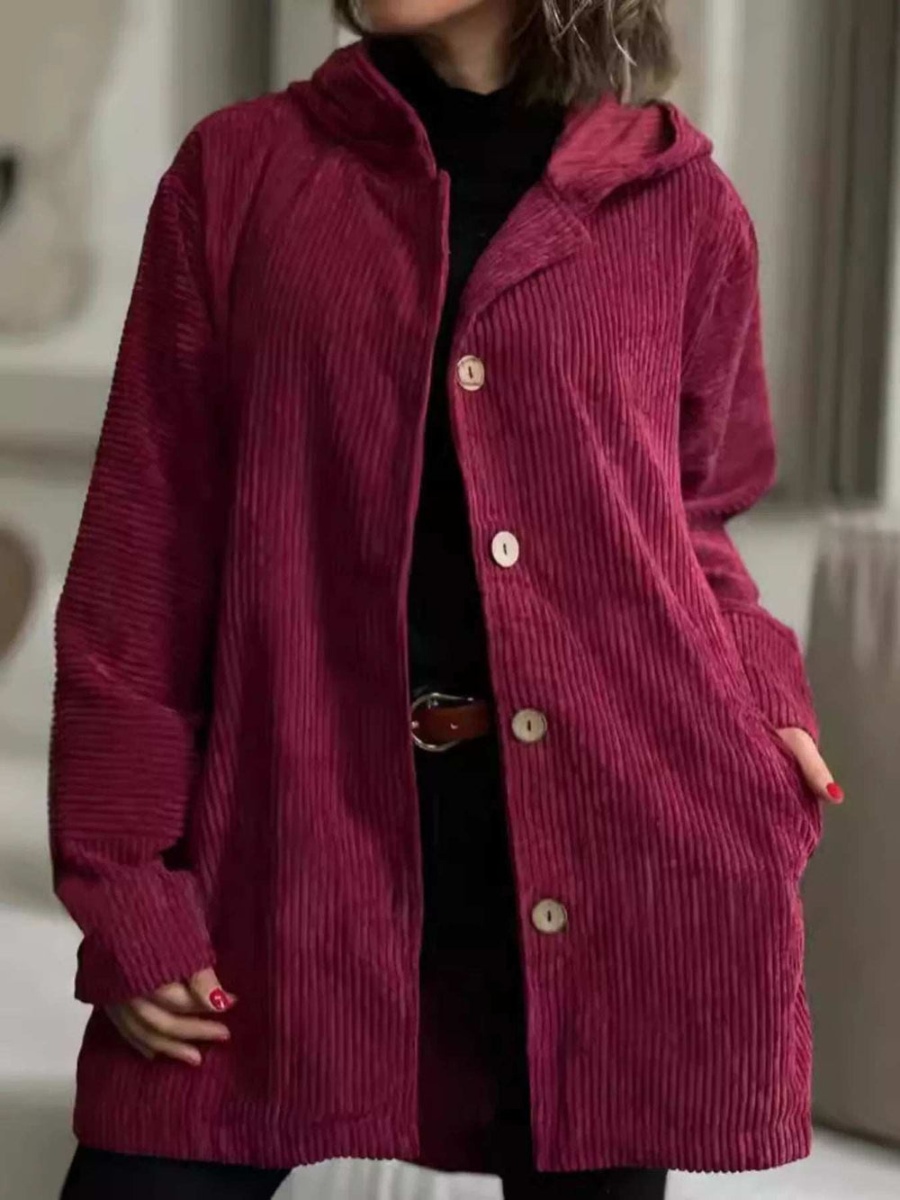 Full Size Corduroy Hooded Button-Up Jacket Plus Size - Trendsi - Flyclothing LLC