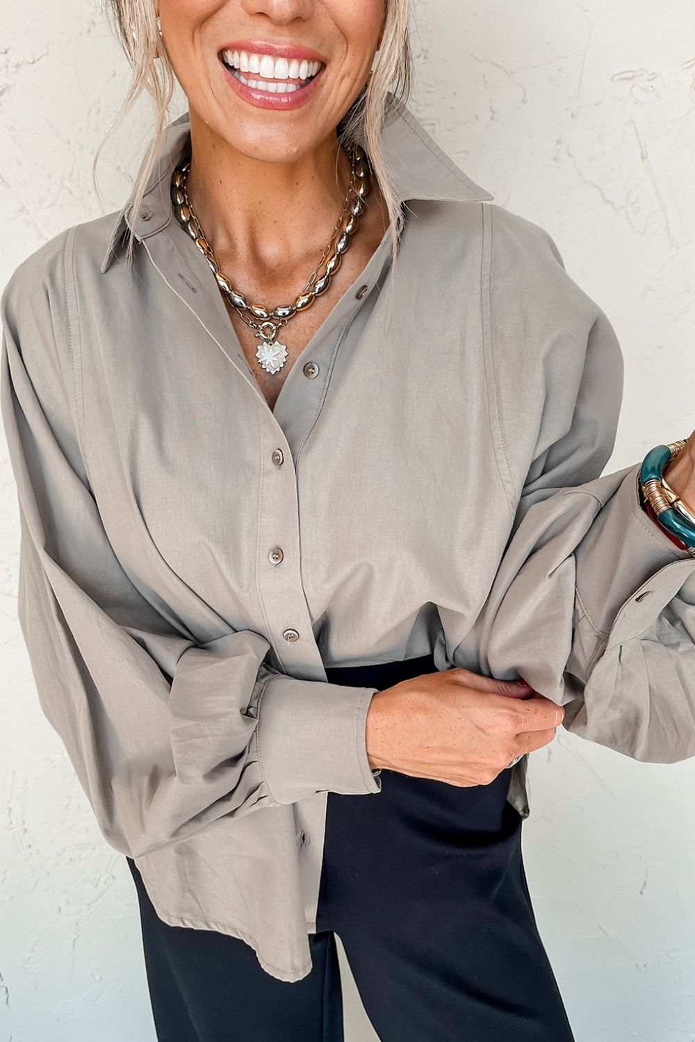 Button Down Collared Neck Long Sleeve Shirt - Trendsi - Flyclothing LLC