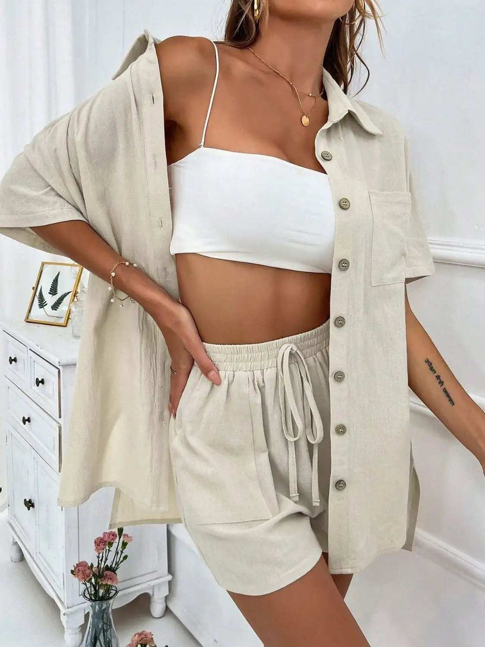 Button Up Half Sleeve Top and Shorts Set - Trendsi - Flyclothing LLC