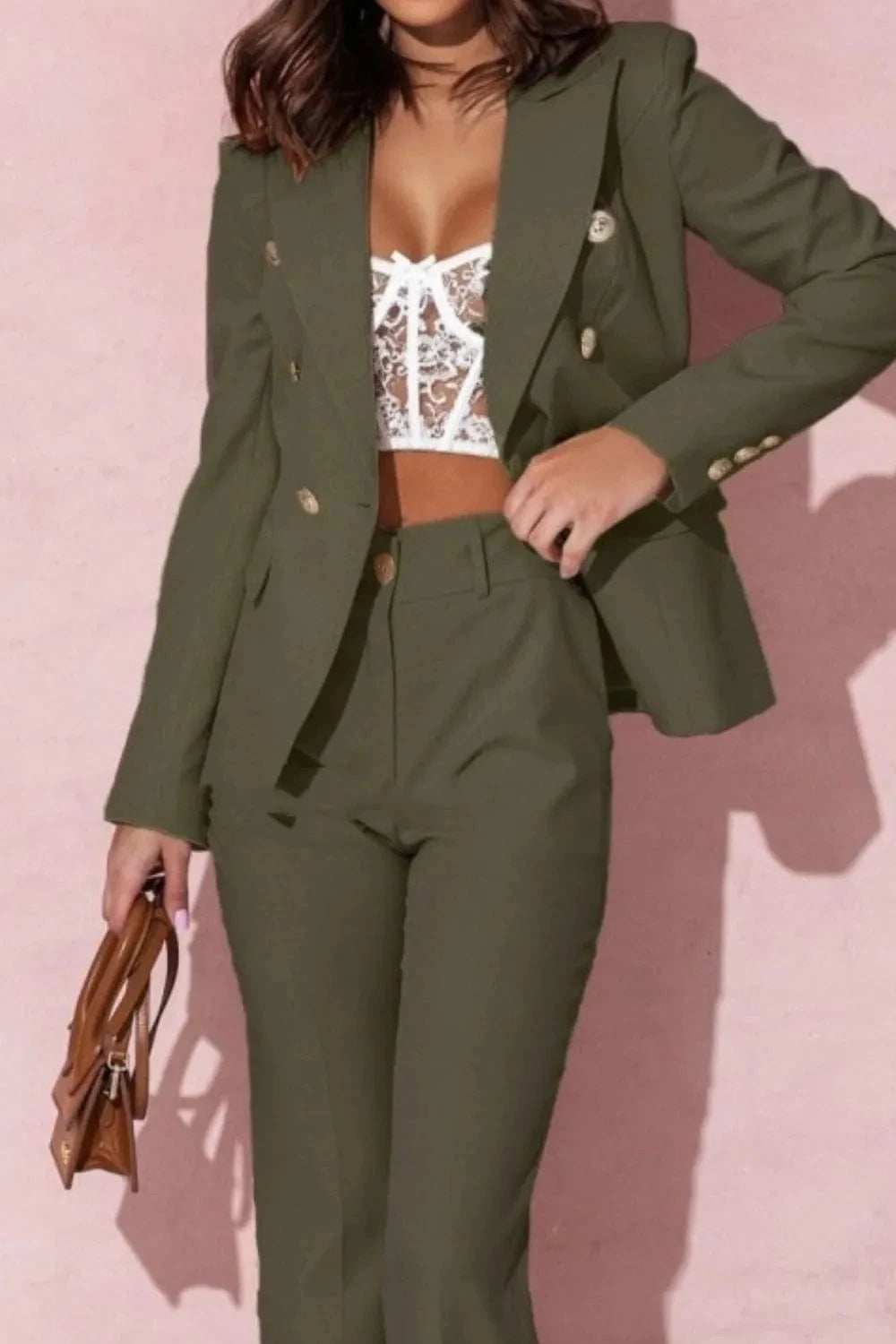 Full Size Lapel Collar Long Sleeve Blazer and Pants Set Plus Size - Trendsi - Flyclothing LLC
