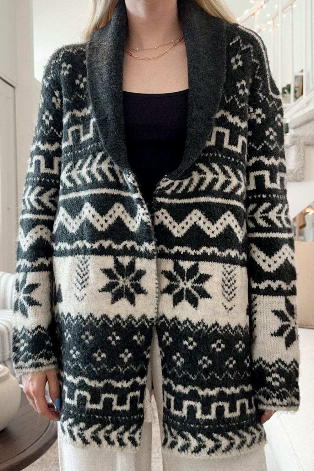 Snowflakes Collared Neck Long Sleeve Cardigan - Trendsi - Flyclothing LLC