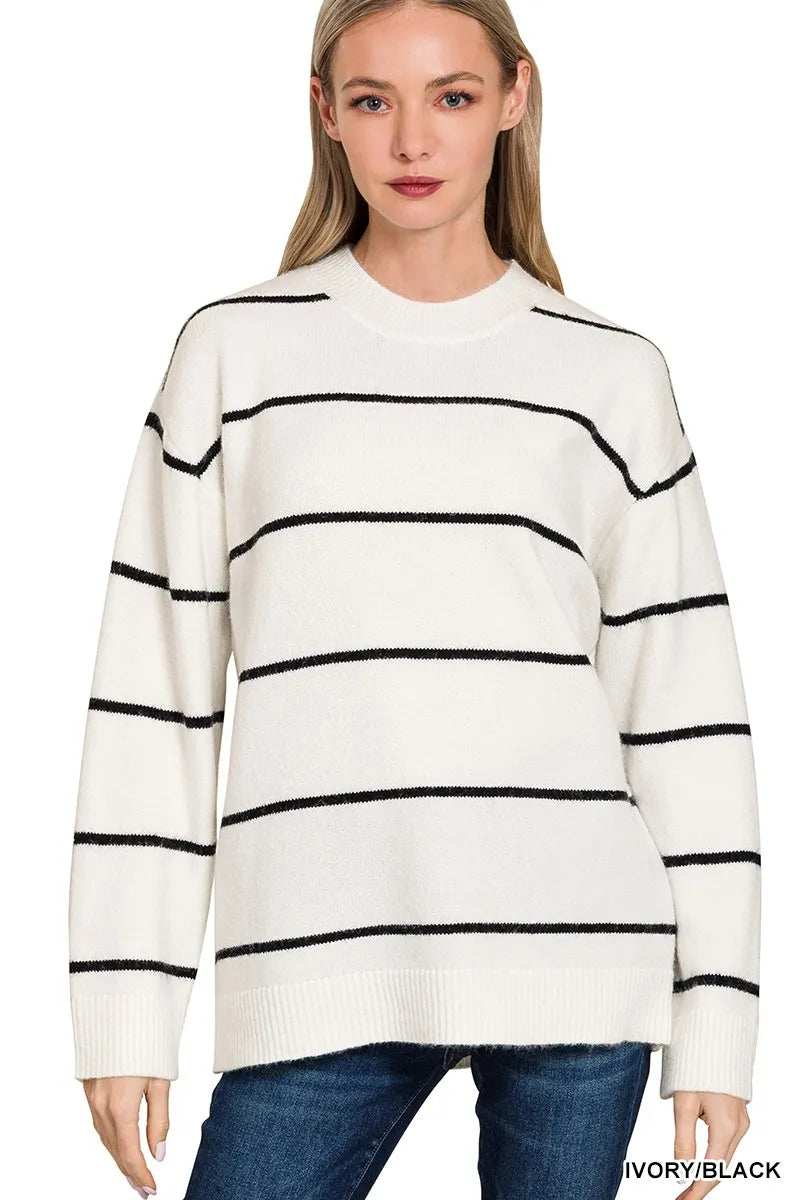 Zenana Round Neck Stripe Sweater - Trendsi - Flyclothing LLC