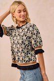 BiBi Textured Rose Knit Top Contrast Banded Puff Sleeve - Trendsi - Flyclothing LLC