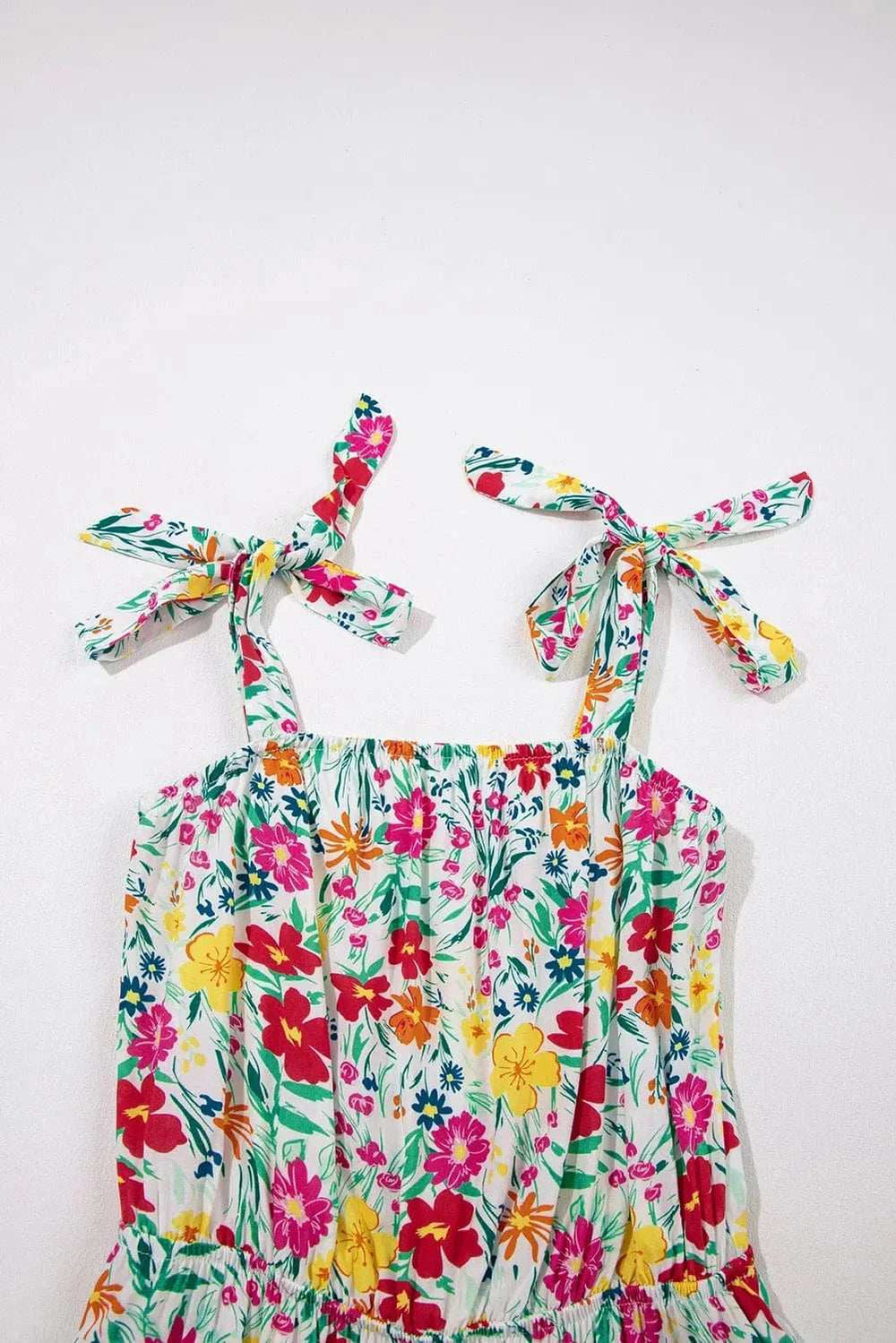 Floral Knotted Straps Cinched Waist Ruffle Hem Mini Dress - Trendsi - Flyclothing LLC