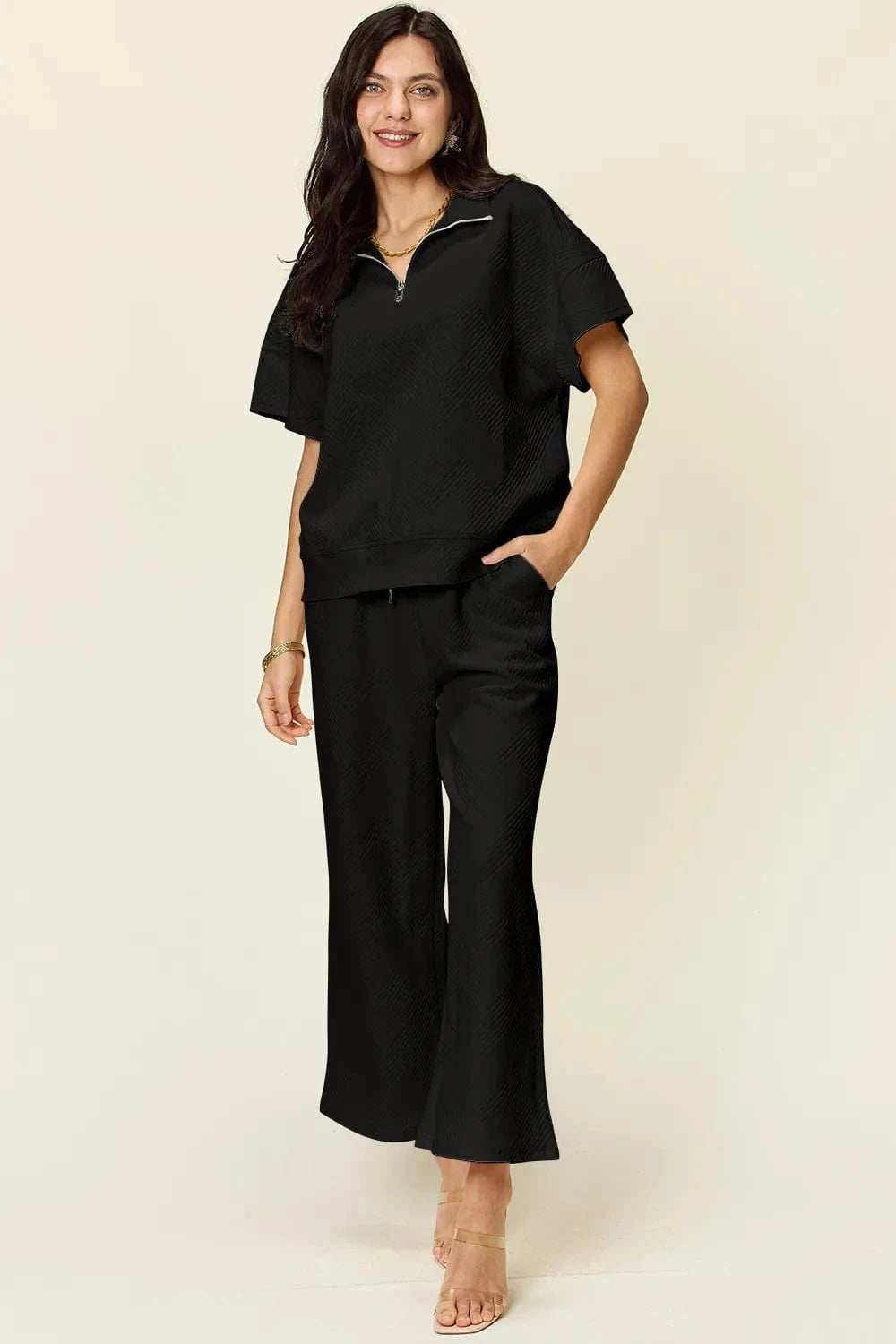 Double Take Full Size Texture Half Zip Short Sleeve Top and Pants Set - Trendsi - Flyclothing LLC