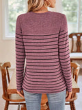 Lovelet Quarter Button Striped Round Neck Long Sleeve T-Shirt - Trendsi - Flyclothing LLC