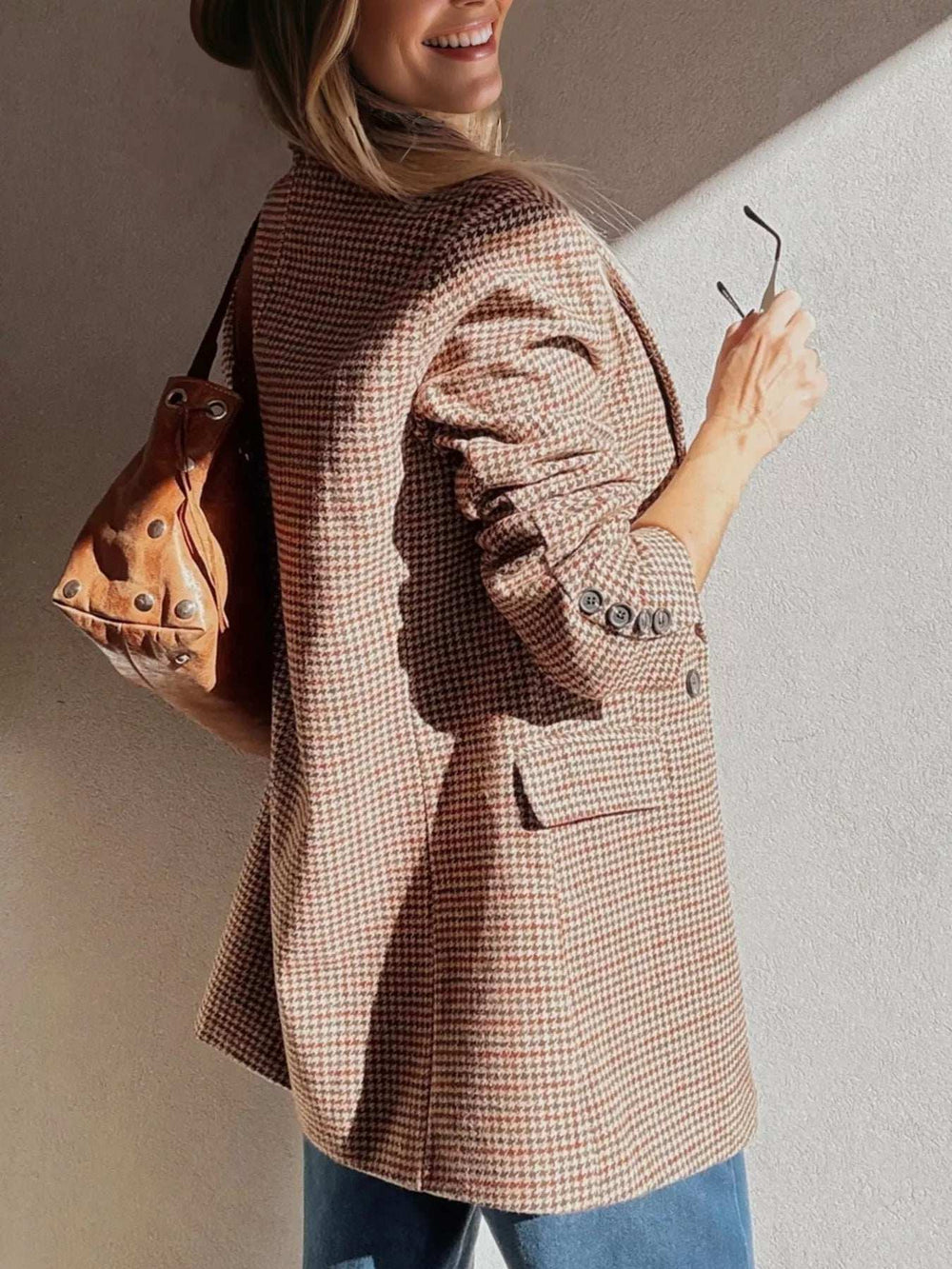 Houndstooth Lapel Collar Blazer - Trendsi - Flyclothing LLC