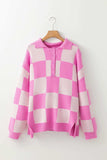 Slit Checkered Half Button Long Sleeve Sweater - Trendsi - Flyclothing LLC