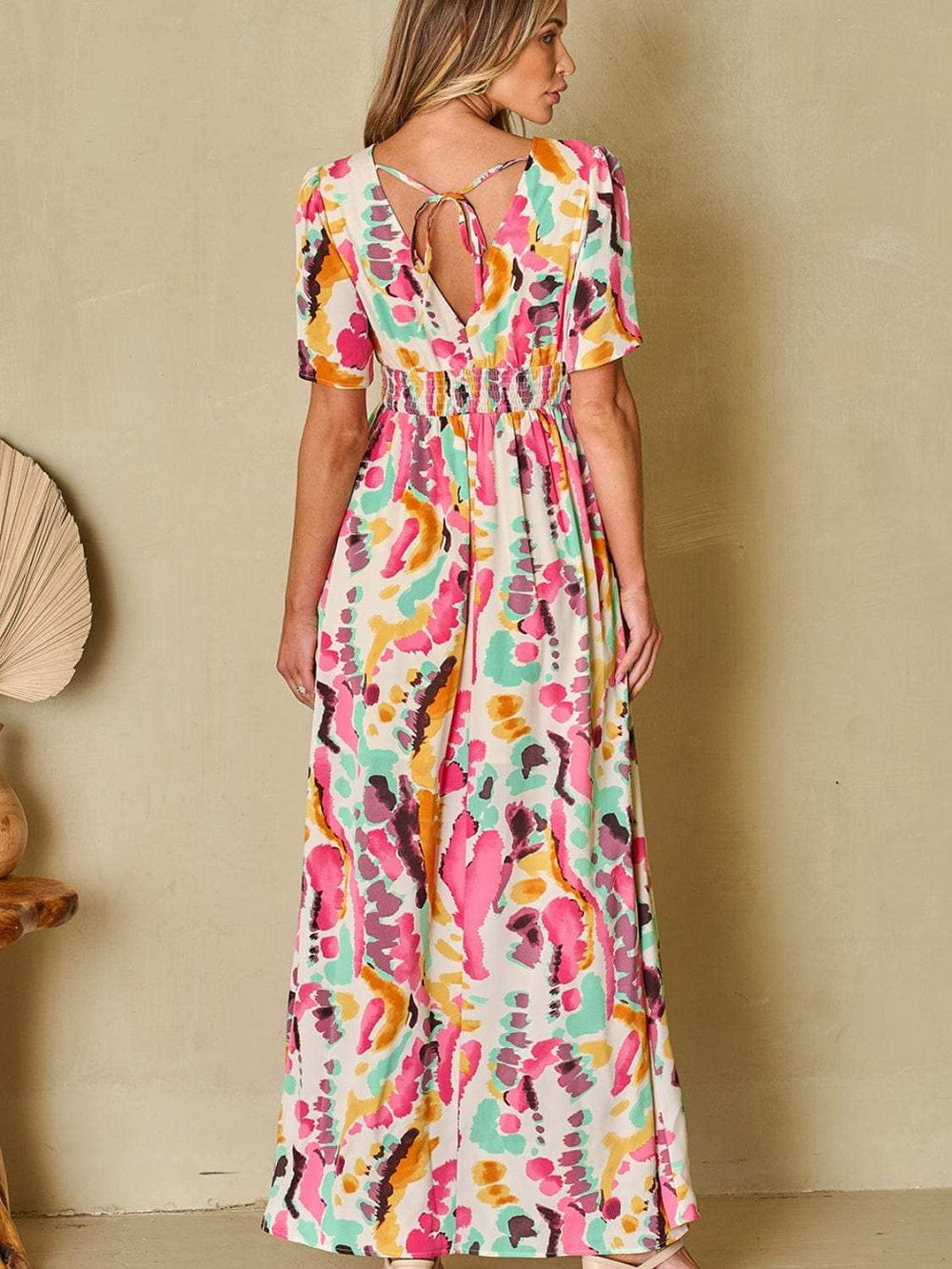 Slit Printed Surplice Short Sleeve Maxi Dress - Trendsi - Flyclothing LLC