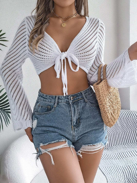 Openwork Tied Long Sleeve Knit Cover Up - Trendsi - Flyclothing LLC