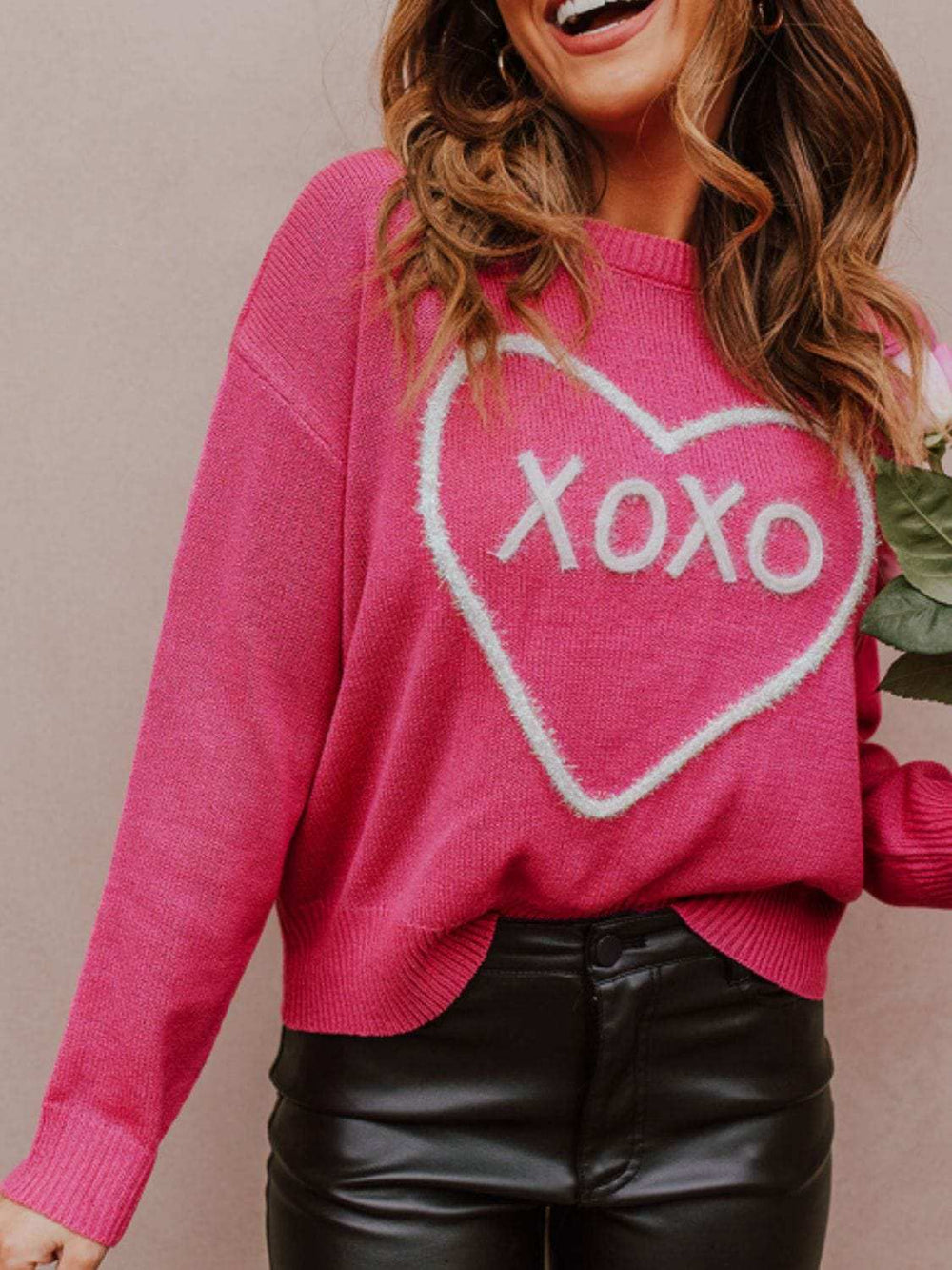 XOXO Round Neck Drop Shoulder Sweater - Trendsi - Flyclothing LLC