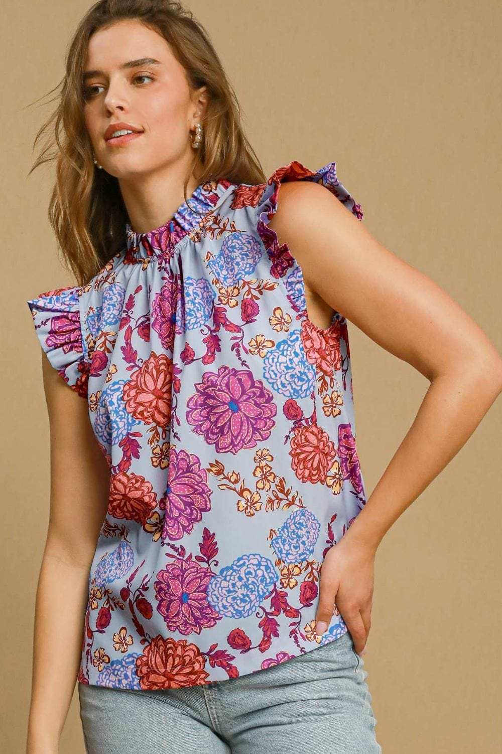 Umgee Full Size Floral Print Ruffled Cap Sleeve Blouse Plus Size - Trendsi - Flyclothing LLC