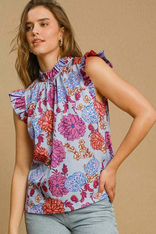 Umgee Full Size Floral Print Ruffled Cap Sleeve Blouse Plus Size - Trendsi - Flyclothing LLC