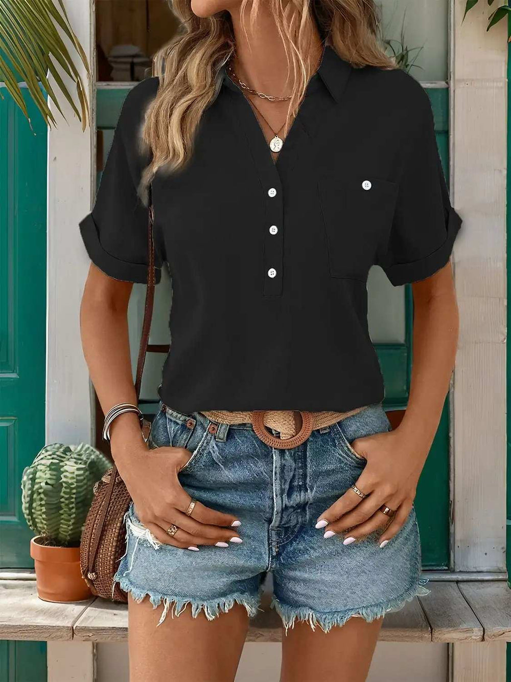 Johnny Collar Half Sleeve Blouse - Trendsi - Flyclothing LLC