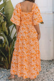 Floral Print Smocked V Neck Wide Sleeve Maxi Dress - Trendsi - Flyclothing LLC