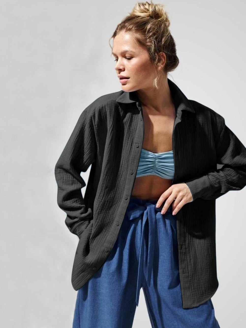 Textured Collared Neck Long Sleeve Shirt - Trendsi - Flyclothing LLC