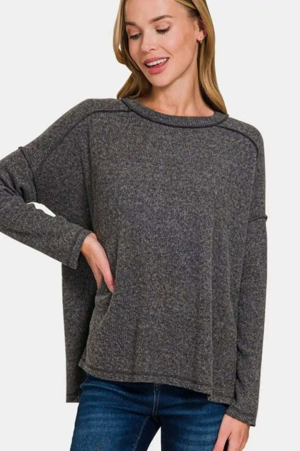 Zenana Full Size Exposed Seam Brushed Round Neck Sweater - Trendsi - Flyclothing LLC
