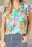 Ruffled Printed Tie Neck Cap Sleeve Blouse - Trendsi - Flyclothing LLC