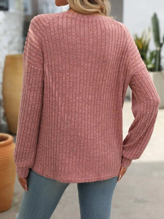 Decor Button Long Sleeve Ribbed T-Shirt - Trendsi - Flyclothing LLC