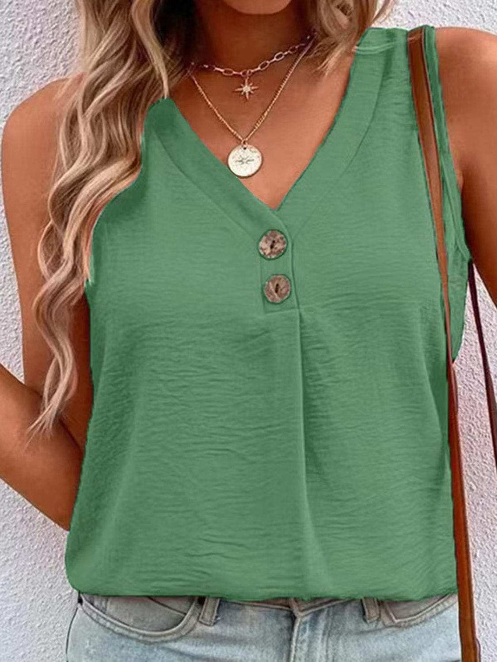 Full Size Decorative Button V-Neck Tank - Trendsi - Flyclothing LLC