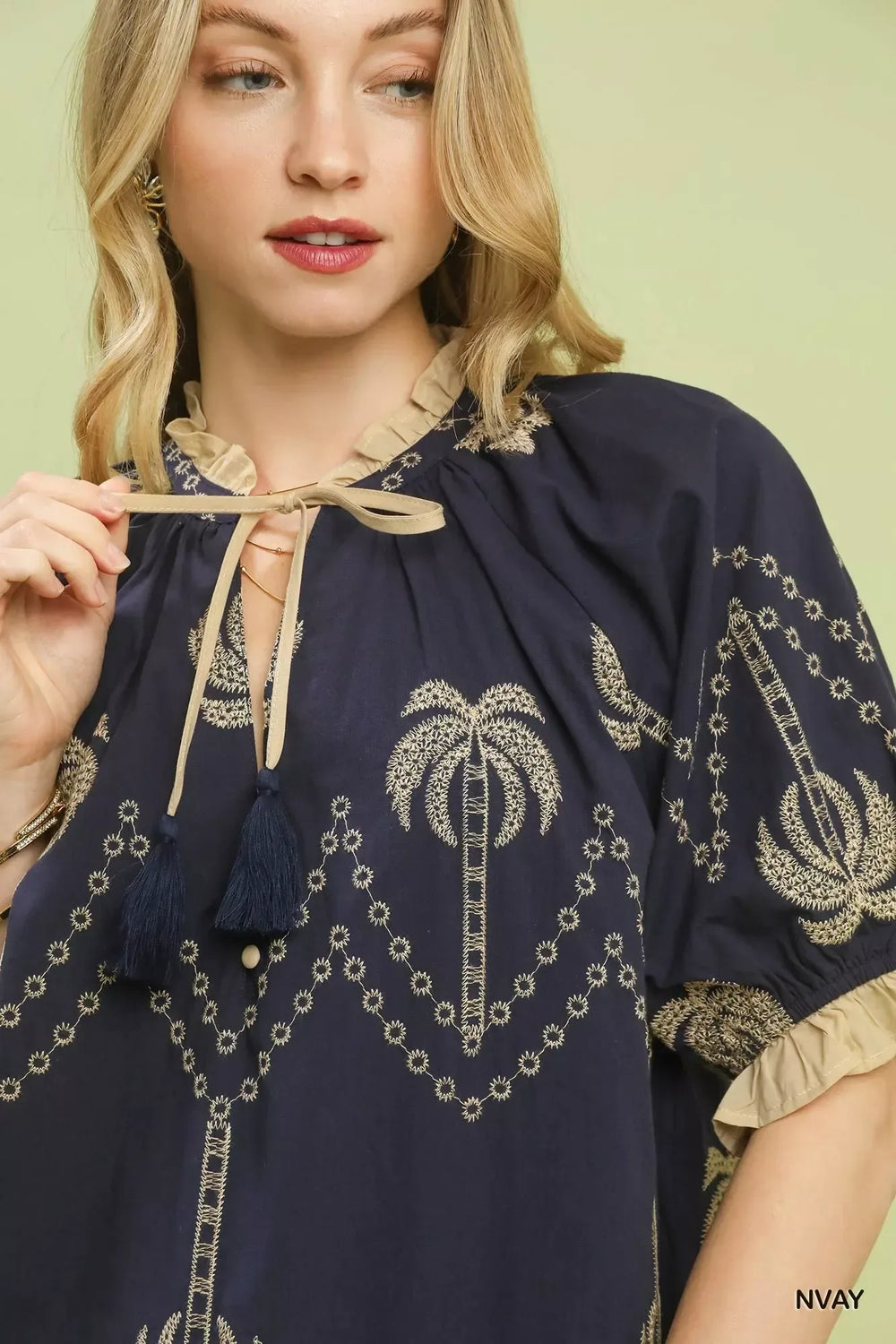 Umgee Embroidered Palm Print Tassel Tie Blouse - Trendsi - Flyclothing LLC