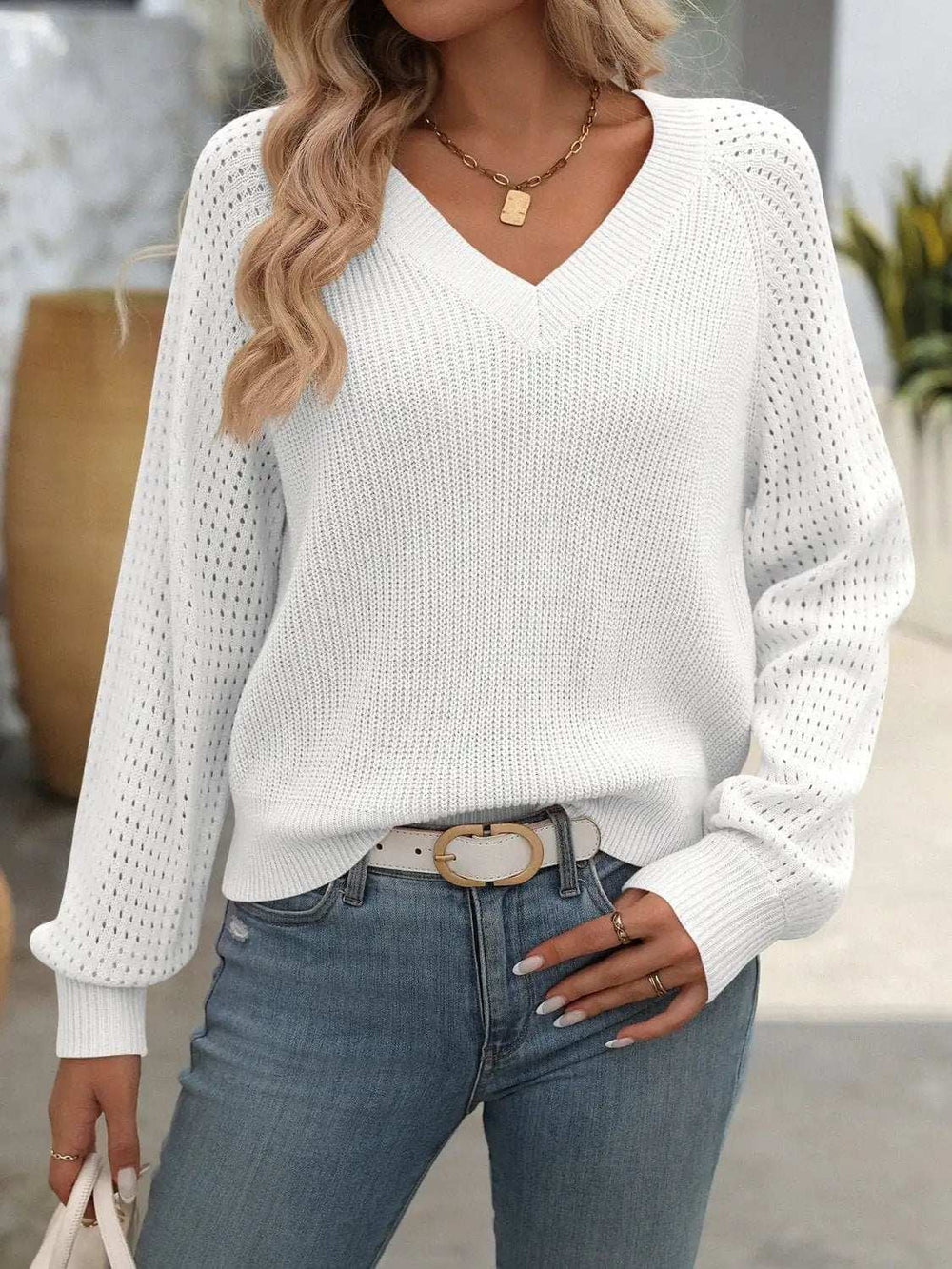 V-Neck Long Sleeve Sweater - Trendsi - Flyclothing LLC