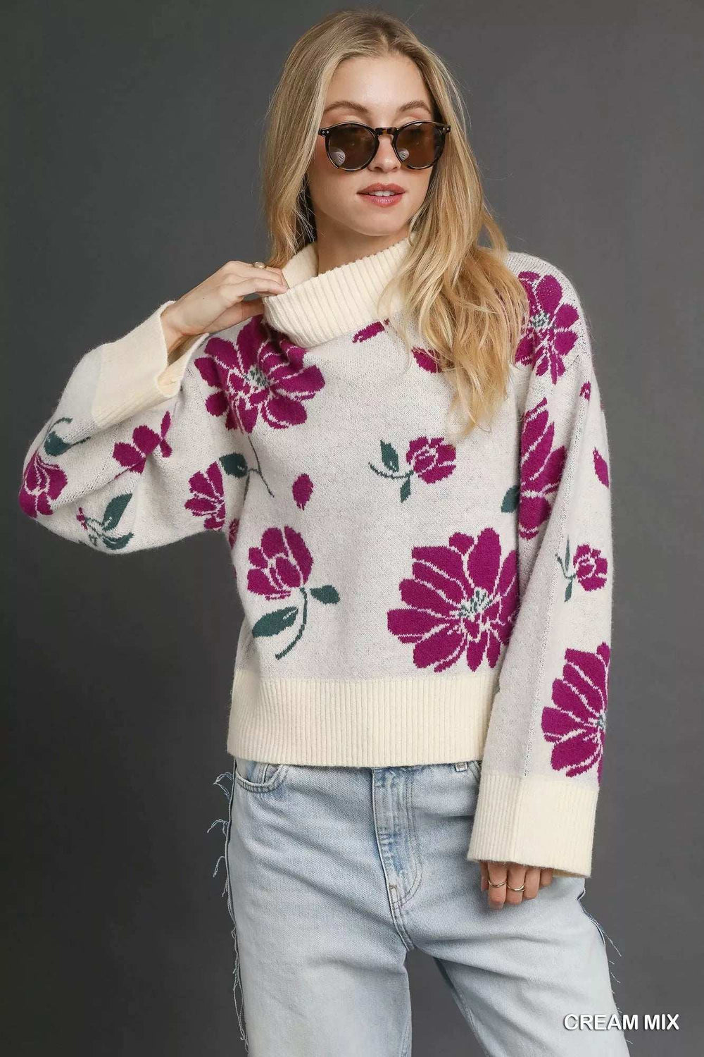 Umgee Floral Patterned Mock Neck Sweater - Trendsi - Flyclothing LLC