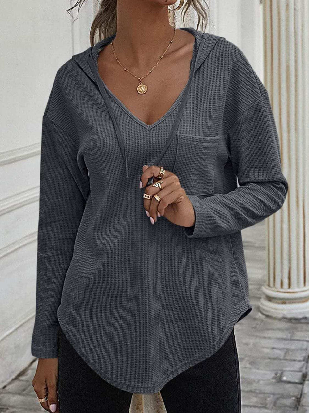 Drawstring Waffle Knit Long Sleeve Hooded Top - Trendsi - Flyclothing LLC