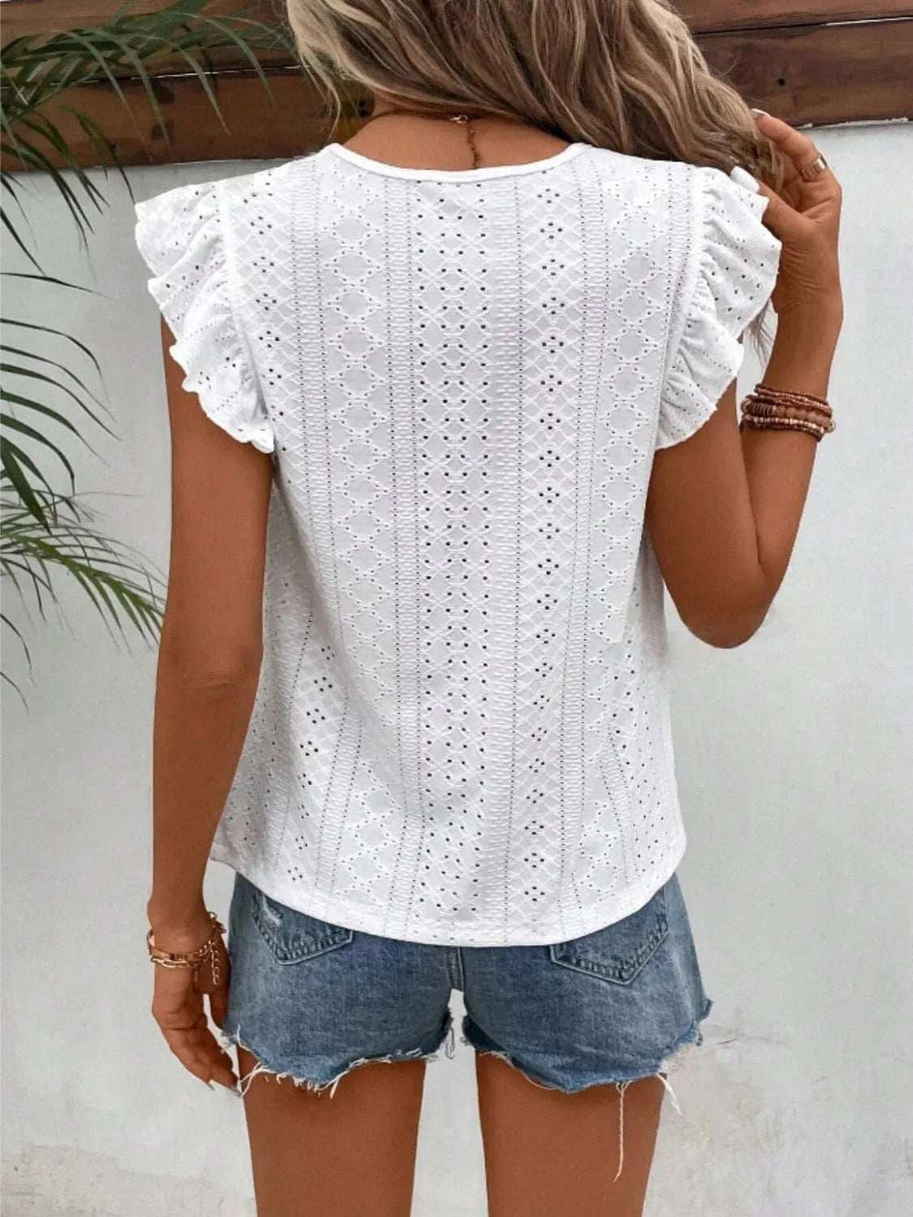 Eyelet Round Neck Cap Sleeve Top - Trendsi - Flyclothing LLC