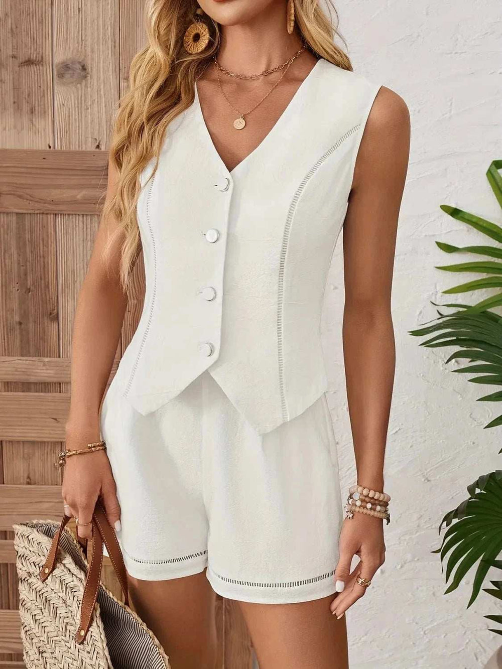 Button Up Vest and Shorts Set - Trendsi - Flyclothing LLC