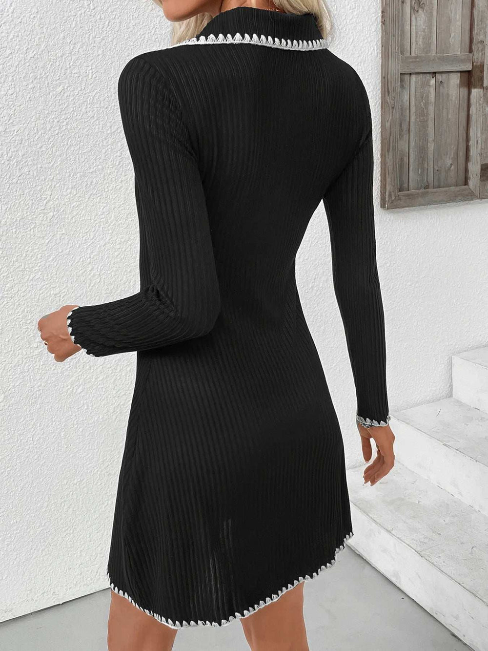 Contrast Trim Texture Long Sleeve Sweater Dress - Trendsi - Flyclothing LLC