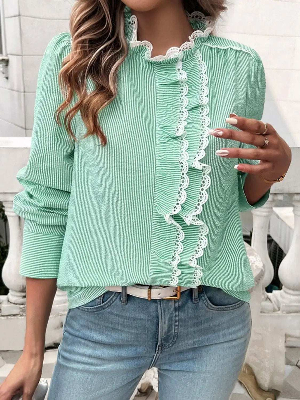 Lace Detail Ruffled Round Neck Long Sleeve Shirt - Trendsi - Flyclothing LLC