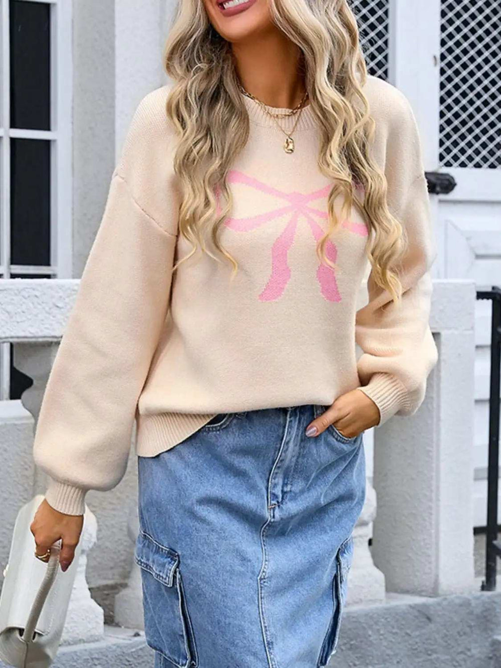 Bow Graphic Round Neck Long Sleeve Sweater - Trendsi - Flyclothing LLC