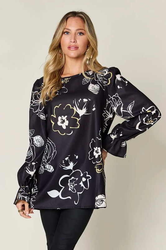 Double Take Full Size Printed Flounce Sleeve Blouse - Trendsi - Flyclothing LLC