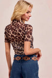 BiBi High Neck Leopard Mesh Short Sleeves Top - Trendsi - Flyclothing LLC