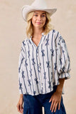 BiBi Bow Ribbon Printed Woven Bubble Sleeves Top - Trendsi - Flyclothing LLC