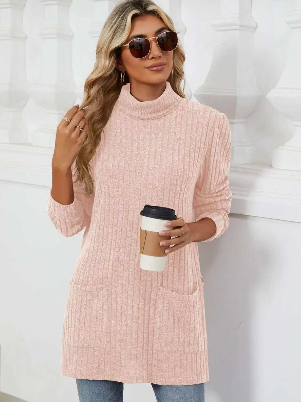 Slit Mock Neck Long Sleeve T-Shirt - Trendsi - Flyclothing LLC